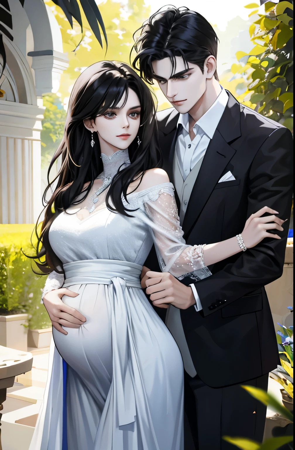 family, royal, elegant, good looking, kids, detailed, 4k, mom and dad, detailed eyes, pretty hair, handsome man, gorgeous woman, fine mom, hot dad, hot parents, mom with black hair, mom pregnant, man looking at woman with love, man hugging woman