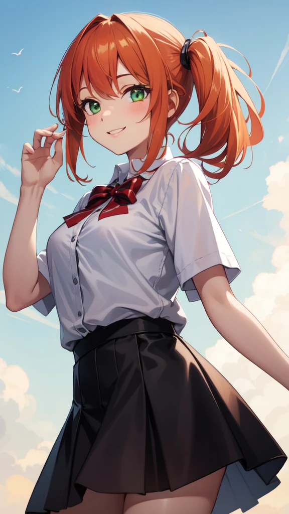 gonzarez, masterpiece, , 1girl, solo, smile, green eyes, orange hair , side ponytail, skirt, top