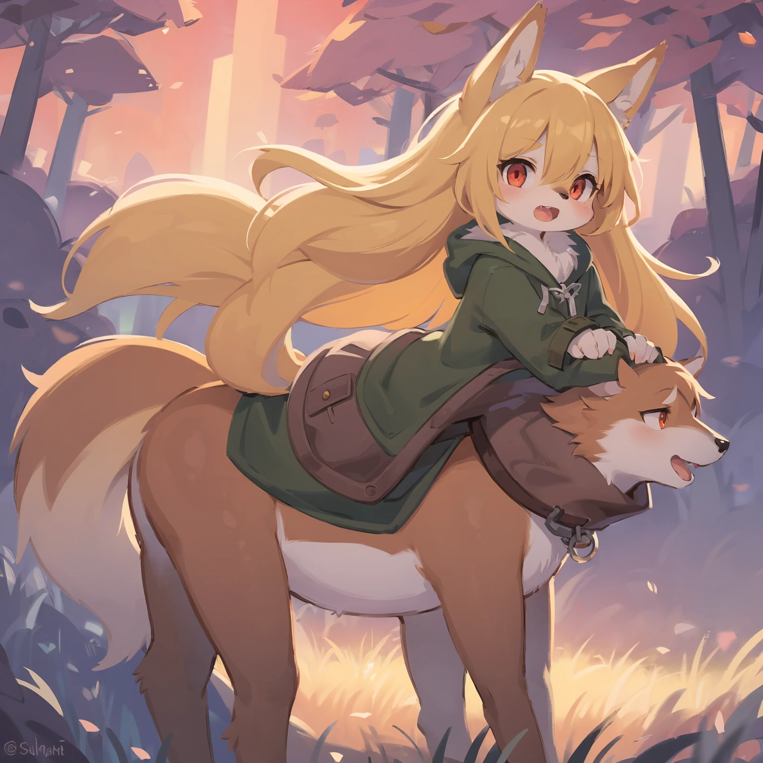 loli the fox, , was hairy, shaggy, skin fur, smooth lashes, golden fur, forelimb hands, straight long blonde hair, solid circle eyes, golden ears, golden fur, golden facial fur, shiny hair, red eyes, super cute face, 1fox tail, fluffy tail, furry tail, glowing eyes, green coat green hood down, brown trousers, riding horse, open mouth, embarrassed, ambient light, ultra-fine fur, dashed eyes, full body, masterpiece, high quality, high-details, best quality, wide short, (((solo))), twilight, sun light, red sky, rim light