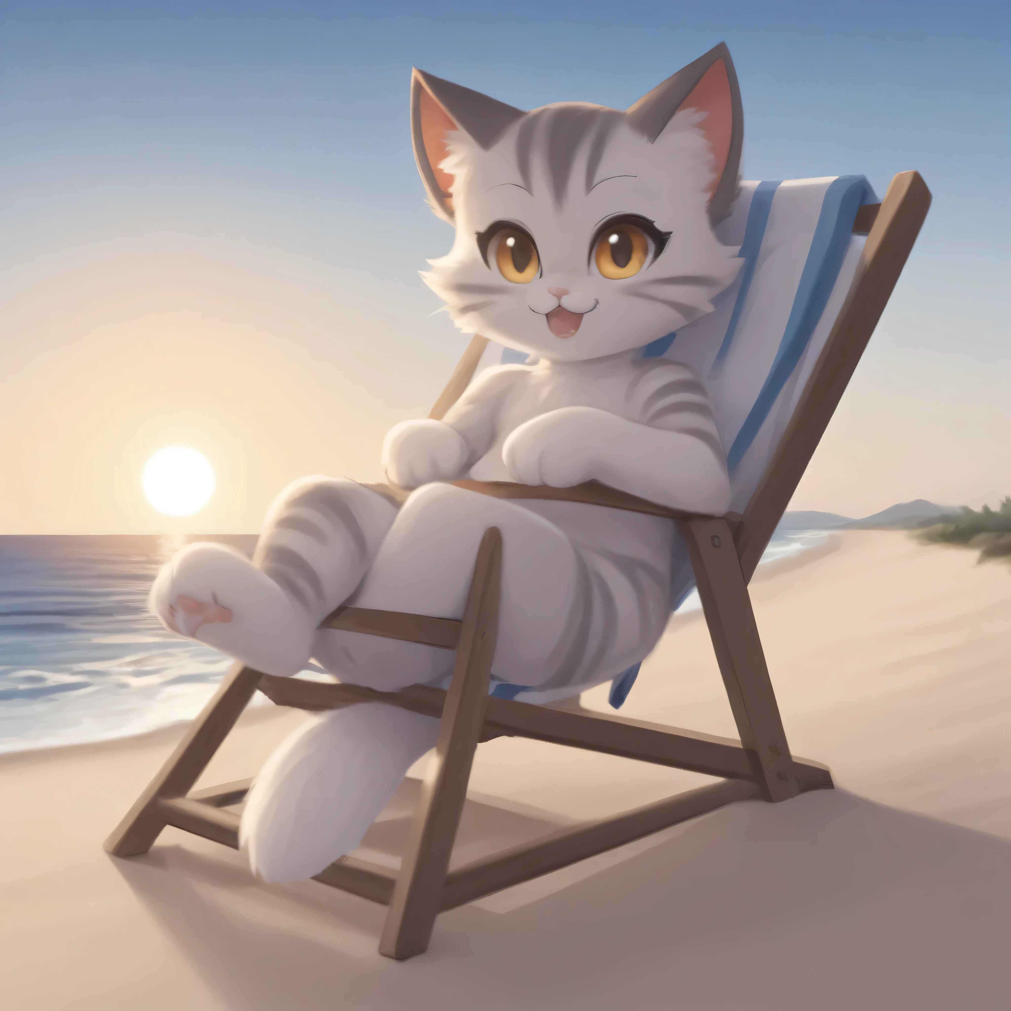 a cat lazing on a beach chair, enjoying a quiet day in the sun, complete with descriptions of the beach atmosphere and the cat's cute behavior