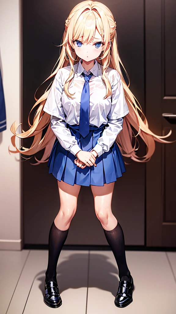 A student inside a school. She is wearing a with a short blue skirt and a white blouse with a red tie. She has long blonde hair, loose, and a serious expression. The image is taken from a low angle, showing her legs with white knee-high socks and shiny black shoes. She is standing in a school hallway, with a door behind her.