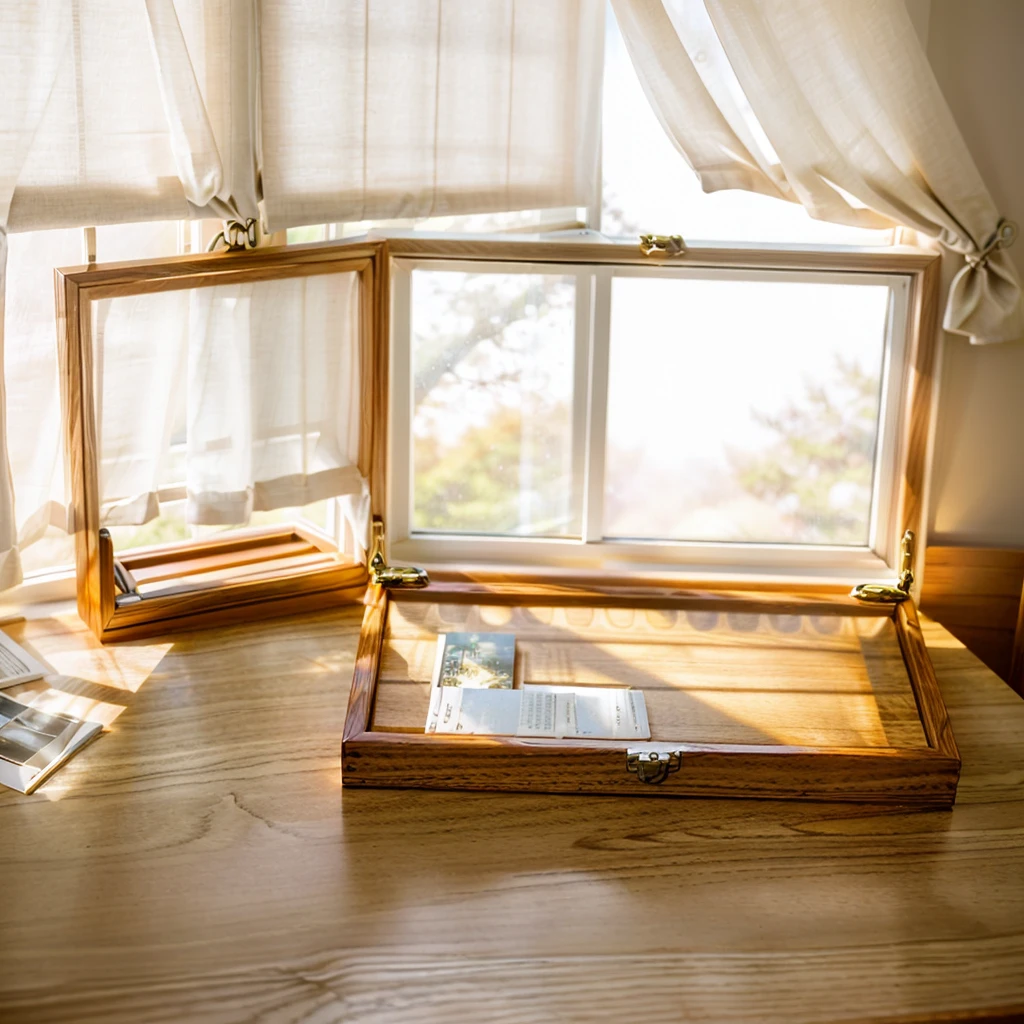 In this cozy room,A ray of sunlight shone through the half-drawn curtains on the table,Let the wood grain on the watch storage box shine with a faint luster。There was a calm and peaceful atmosphere in the air around them。There are several still lifes hanging on the walls of the room,It adds a touch of elegance to the space。And on the other side of the room,The half-open window lets in the breeze,The pages on the small desk by the window turned in the wind,This quiet scene gives a sense of tranquility and comfort。