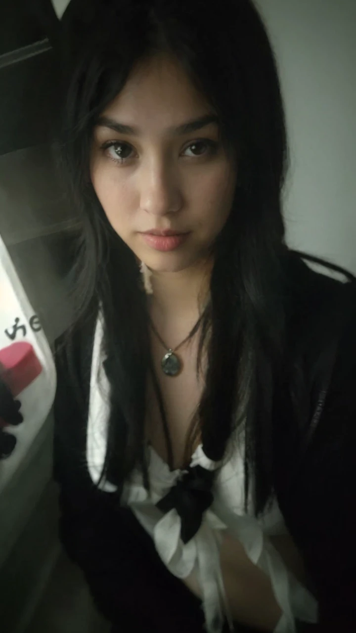 a professional headshot photo of a pretty young girl with black hair and a black outfit