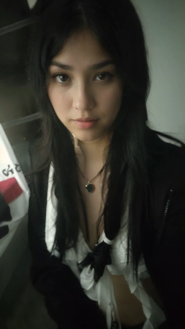 a professional headshot photo of a pretty young girl with black hair and a black outfit