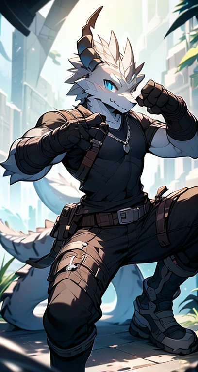 Masterpiece, Cool Pose, Furry Gray Dragon, Medium Strong Body, Blue Eyes, Grey Medium Hair, Combat Black Shirt, Combat Gloves, Combat Pants, Fierce, Good looking 