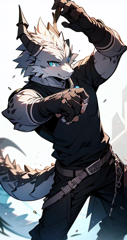 Masterpiece, Cool Pose, Furry Gray Dragon, Medium Strong Body, Blue Eyes, Grey Medium Hair, Combat Black Shirt, Combat Gloves, Combat Pants, Fierce, Good looking