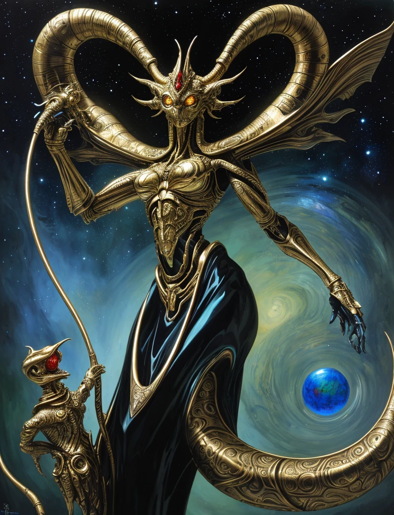 TeRRifying alien space monsteR witH gold and silveR skin,Holding a cane witH Red,green,Orange and blue diamonds,Futuristic,((female,Thin body fat, barefoot, Solitary)),Artworks by Boris Vallejo,H.R. Giger and Julie Bell,((ARte ultRaHipeRRealista,elegant,Fine Arts)),((HipeRdetallado,masterpiece,32k,Ultra HD.)).