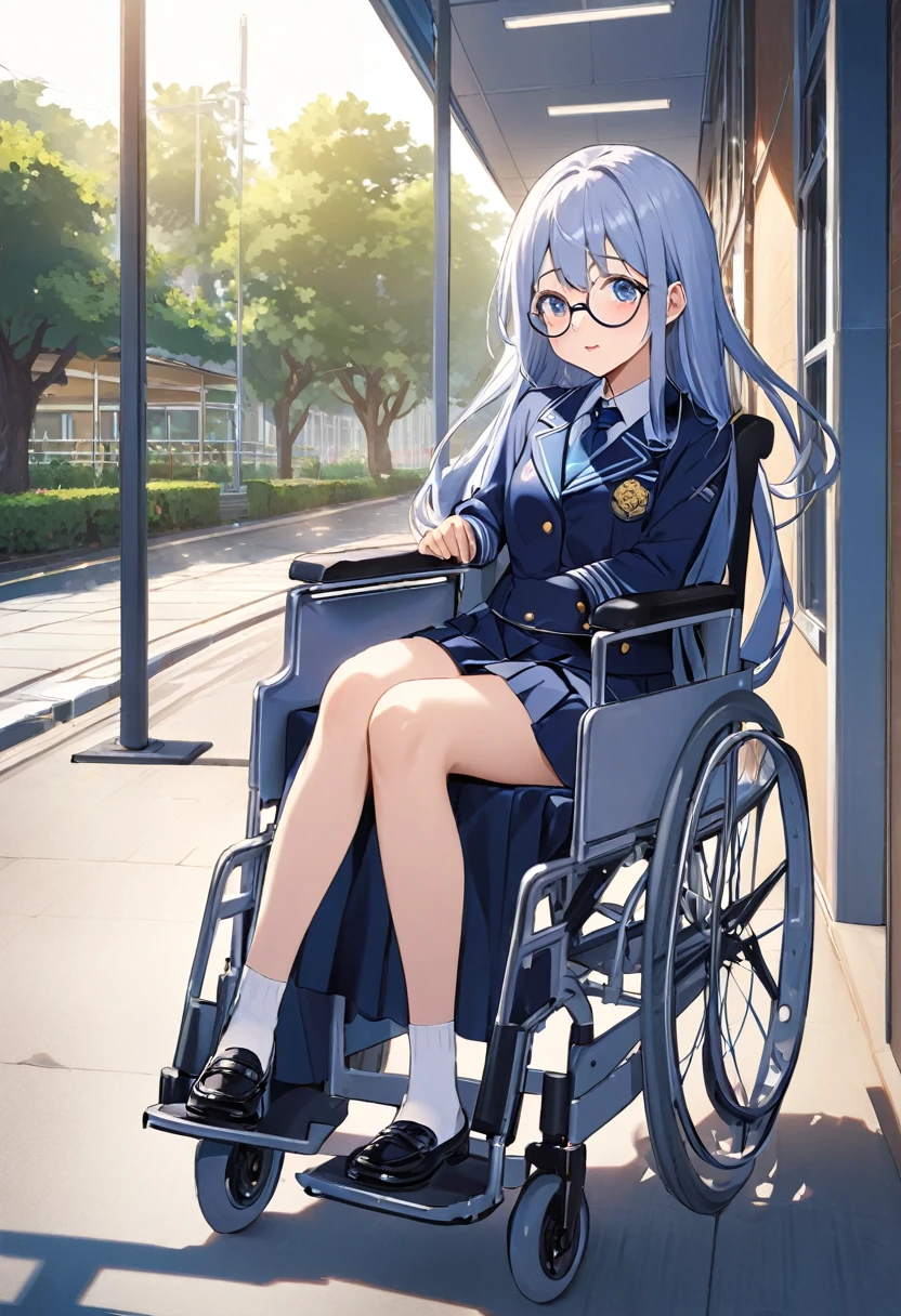 girl（Round Glasses、uniform（Navy Blue、Short skirt）、wheelchair、hair（White、Long Hair））School