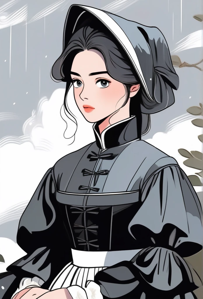 detailed rough drawn close up portrait of an anime girl wearing a 16th century dress, overcast, cloudy, might rain, darker tones, drawn anime illustration, black and white color scheme for the dress, neo-american, painted in anime painter studio, anime style illustration, made with anime painter studio, in anime style, in an anime style, with short hair, anime style portrait, sitting in the garden, anime artstyle, clean detailed anime style, proportions proper,