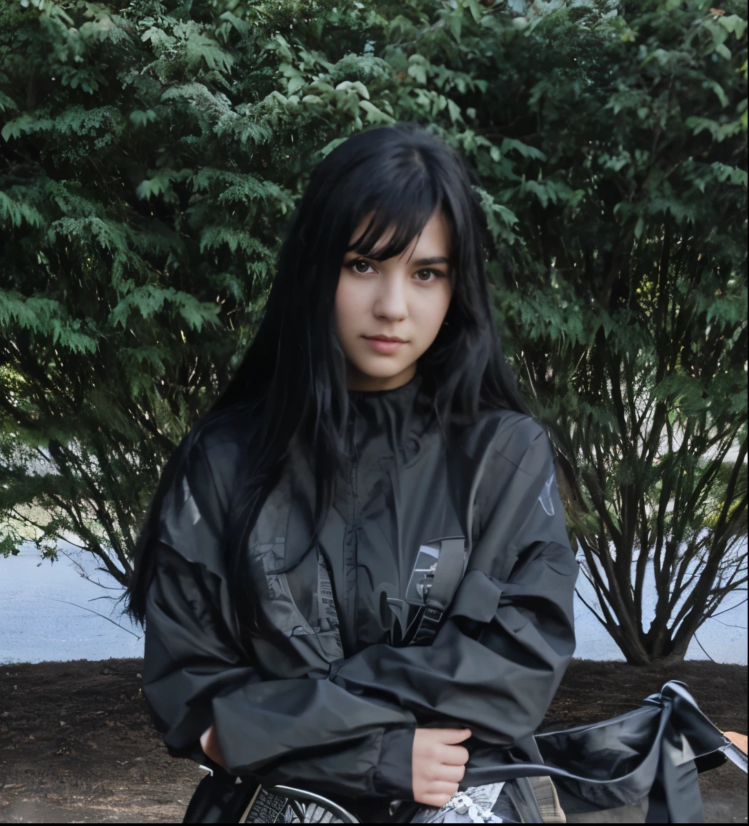 a professional headshot photo of a pretty young girl with black hair and a black outfit
