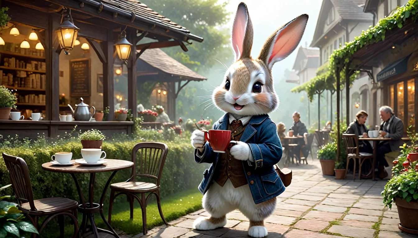 C4tt4stic, anthropomorphic cute baby rabbit character, dressed and walking on bipeds, human-like posture, (((drinking hot coffee))), cafe terrace, lush garden, smiling, reading a book, casual clothing, mysterious, fantasy art, exquisite details, Jean-Baptiste Monge style, Alan Lee style, movie scene, dramatic shot angles, atmospheric particles, realistic, raw cinematic photorealism, action portrait, 8k, detailed, full frame
