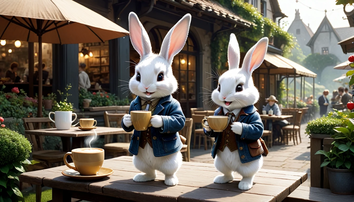 C4tt4stic, anthropomorphic cute baby rabbit character, dressed and walking on bipeds, human-like posture, (((drinking hot coffee))), cafe terrace, lush garden, smiling, reading a book, casual clothing, mysterious, fantasy art, exquisite details, Jean-Baptiste Monge style, Alan Lee style, movie scene, dramatic shot angles, atmospheric particles, realistic, raw cinematic photorealism, action portrait, 8k, detailed, full frame