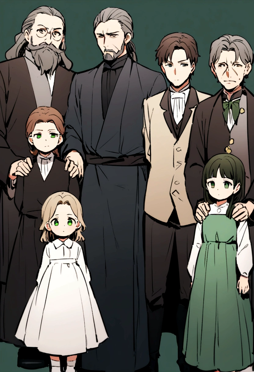 I would like you to make a family photo image of six members. The first father, already a little older, is eager but tall and with an intimidating look and with his arms hidden behind his back.. The two over ten years old, a girl and boy each on one side with a serious and cold expression and also hiding their arms behind their back. Meanwhile, in front of the father, the middle daughter with an anxious and shy expression and her age of eight. To the right side of this is another six-year-old girl who has a small smile and is carrying a three-year-old girl smaller than her. .Everyone has brown hair and green eyes., with elegant clothes, all standing and in the background a dark green wall