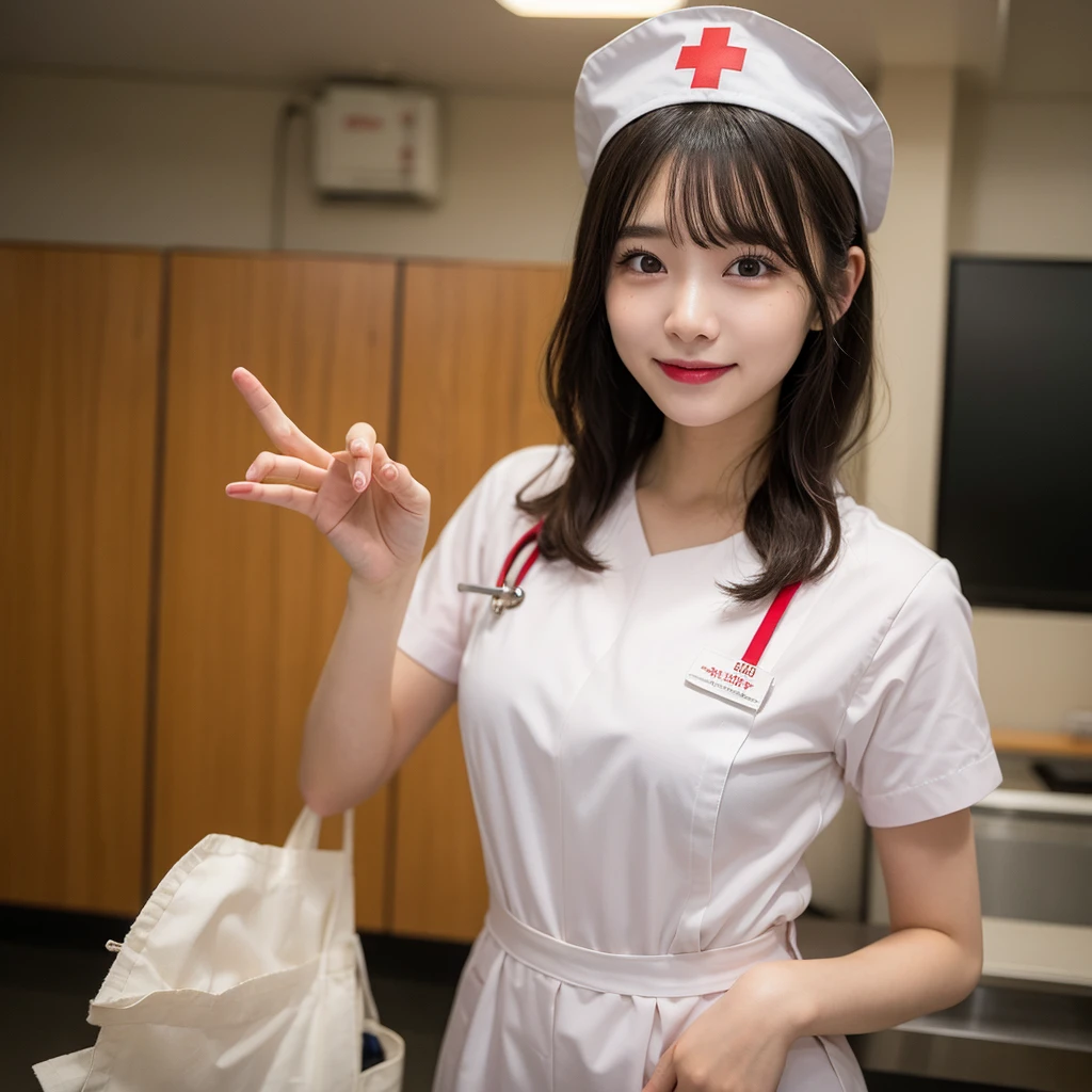 finely, High resolution, high quality、完璧なダイナミックな構shape, finelyて美しい目, Natural Makeup, Shibuya Ward、20-year-old girl、1 person、Clear Skin、Shiny Hair、、Tabletop, 最high quality, shape, Very detailed, finely, High resolution, 8K、Black Hair,, Blunt bangs, Side bangs ,Tentacles, Vine,, {Thin eyebrows:1.2}, blush,(Grin,Open your mouth),nurse, White Cosplay, nurse cosplay, nurse outfit, Are standing, hospital, Red Cross, (8K, RAW Photos, 最high quality, masterpiece:1.2), (Very detailed 8K 壁紙), 1 Girl, (alone:1.2),Photo of a Japan actress at the age of 20,mouth mask,Seductive pose