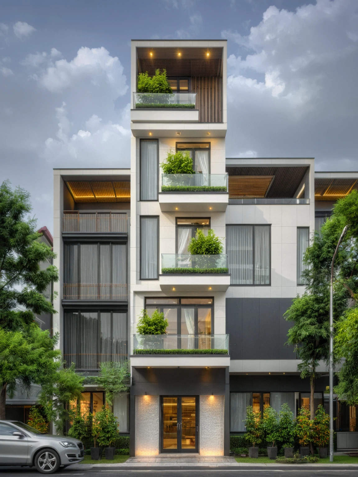 modern villa on street, (overcast lighting:1.2), tropical tree, vivid color, streetcapes, nice sky, grey and wwhite tone, (large glass door:1.2), warm interior lighting, modern material, best quality, ultra realistic, masterpiece, 17ArchiAI_XL_VL-v1