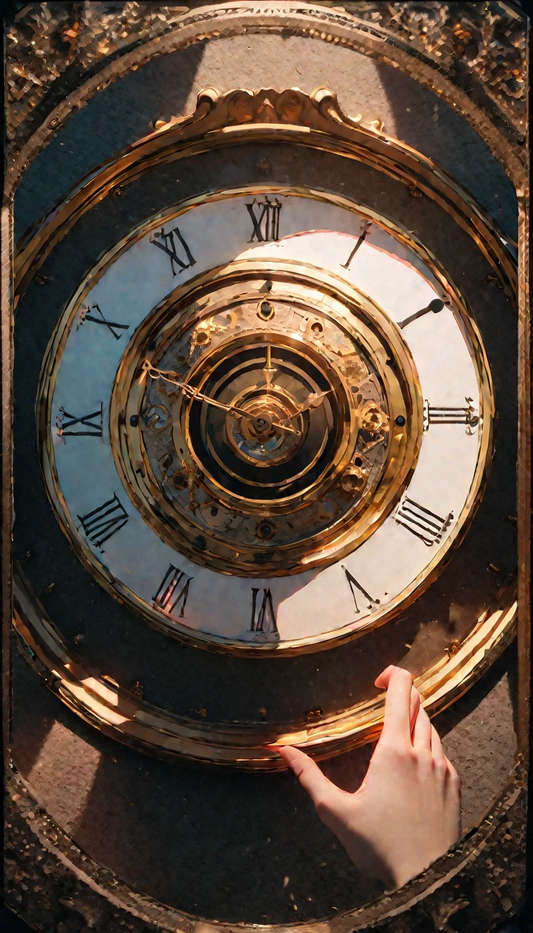 (8K, RAW photos, best quality, masterpiece: 1.4), (((Clock on the wall))),Ultra-high resolution, Extremely detailed, light, Close-up of the clock, Beautiful clock, Golden, (detailed borders, It was bright:1.2), Round,dark,(perfect anatomy:1.2), High-quality shadows, Natural Lighting, (White highlights:1.2), night, cloudy day, (at home:1.2), (Hands on the clock:1.2)