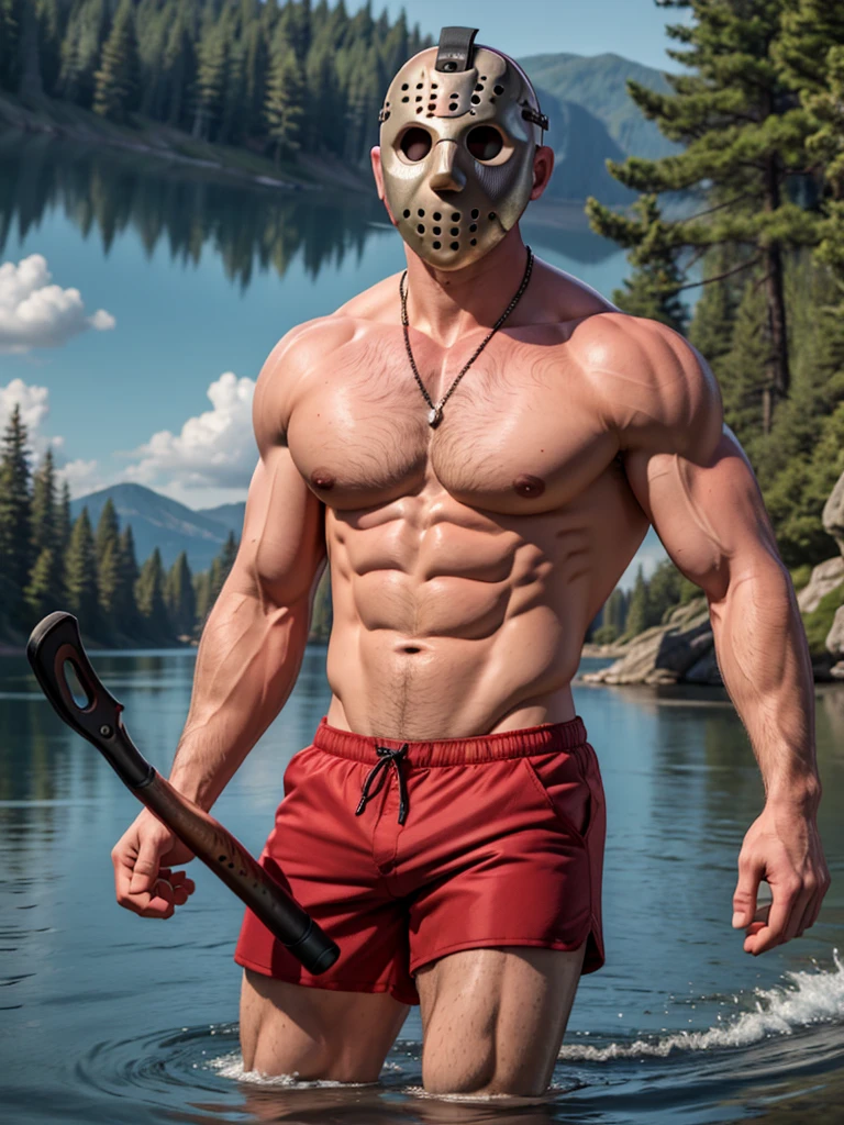 (masterpiece, 4K, ultra detailed), Jason Voorhees, single, masculine, lake, swim, realistic, shirtless, muscular, eight-pack, red shorts, Jason's white mask