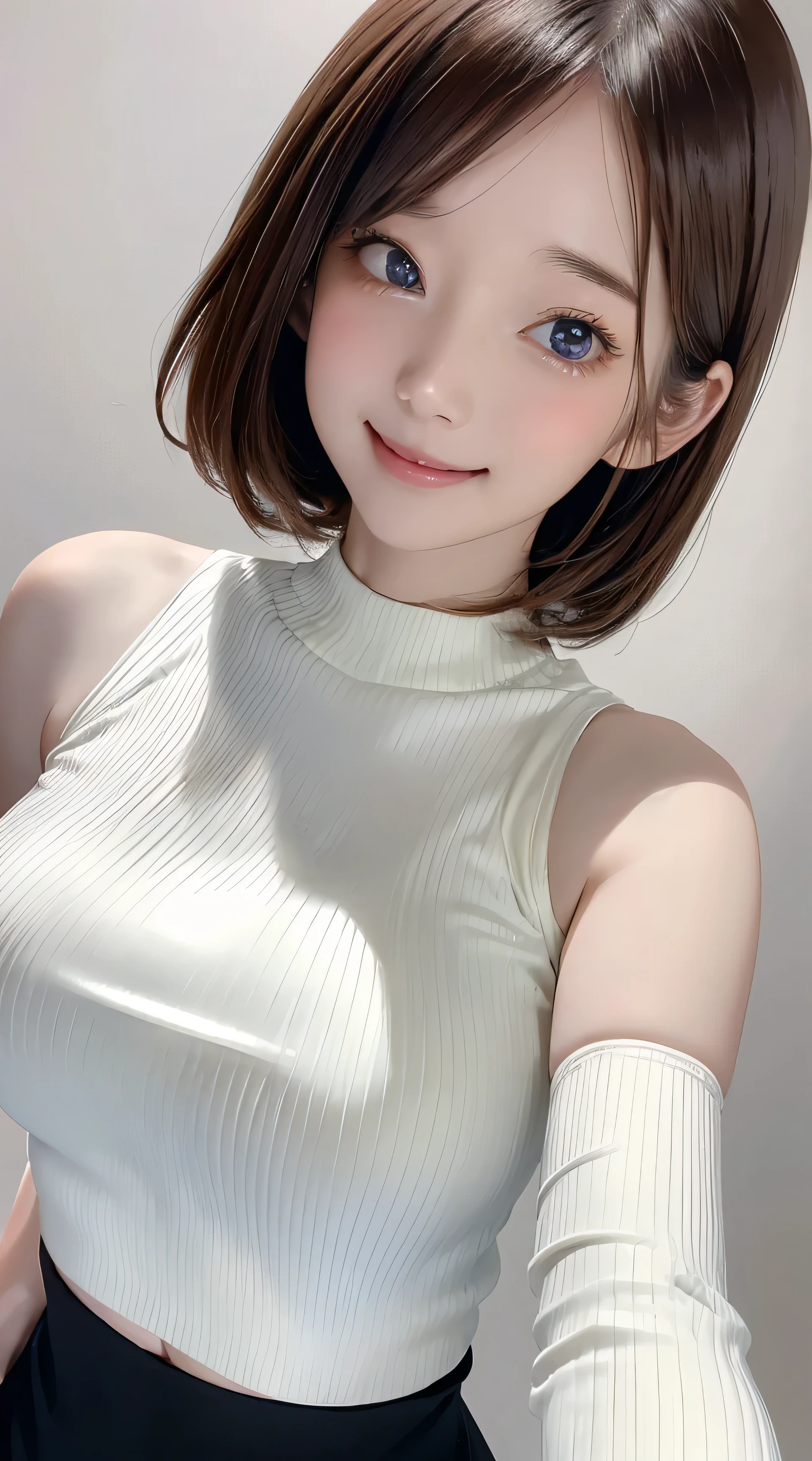 masutepiece, Best Quality, Photorealsitic, finely detail, hight resolution, 8K Wallpapers, Perfect dynamic composition, Beautiful detailed eyes, large full breasts, Random and sexy poses,Bring your chest together、(Very Small Size Mock Neck Crop Tank Top White Knitwear)、(Breast bulge 1.2)、A smile、open open mouth、Resort scenery、20years old、(Drooping eyes 1.4)、Adult beauty、japanese