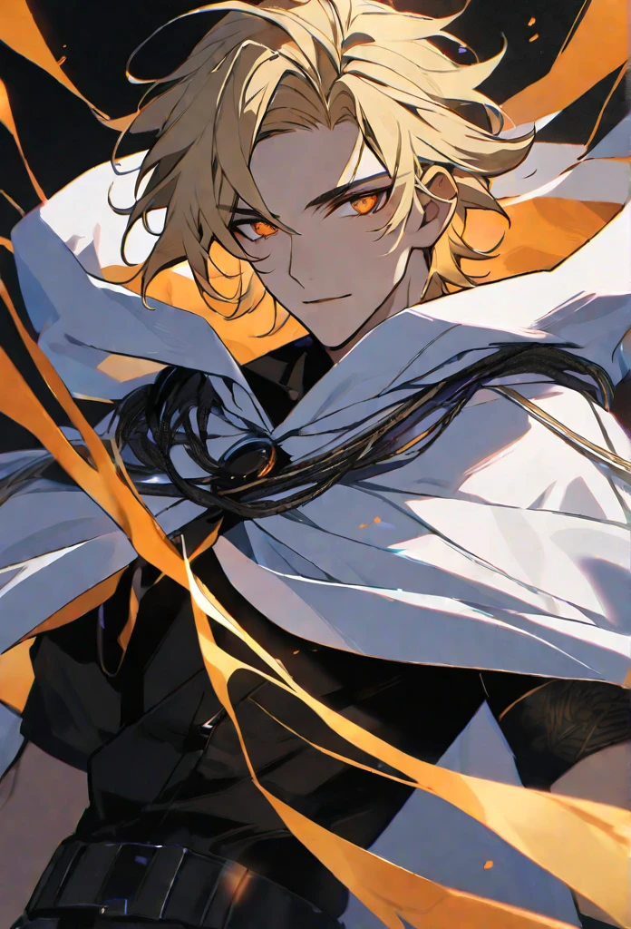 solo, handsome, 1 male, black shirt, white hooded cloak, , blonde hair, orange eyes, black threads, black light