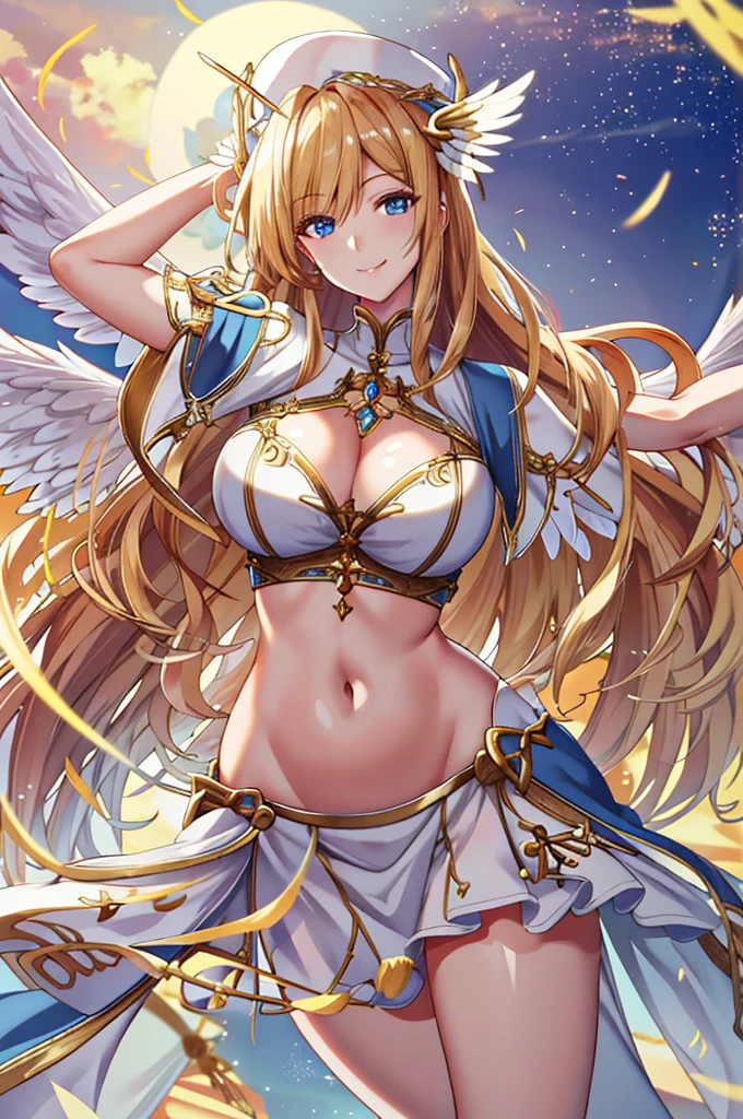 最high quality, high quality, 8K、High resolution,Highest quality、Priestessess,Valkyrie,Angel Wings,belly button,Side bust,Complex,Particles of light,Thighs,口を開けたsmile、Shiny skin, Perfect lighting, One girl, View your viewers,Winged hat,Pelvic Curtain, smile,(masterpiece), (最high quality), Very large breasts, maternal, Porcelain-like skin, Honey Blonde Hair, Very long hair, Wavy Hair