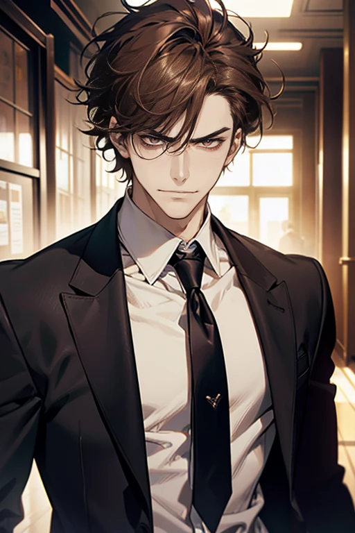 (tmasterpiece, high resolution, ultra - detailed:1.0), (1 male, masculine face), Perfect male body, tall and strong, Adult male, Delicate eyes and delicate face, Extremely detailed CG, Unity 8k wallpaper, Complicated details, Detailed face, (brown hair, messy hair, serious faces, white shirts,Bad students), (frown,evil smile:1.3), stad in school corridor, street style, color difference, Depth of field, dramatic shadow, Ray tracing, Best quality, Cinematic lighting, offcial art,Portrait