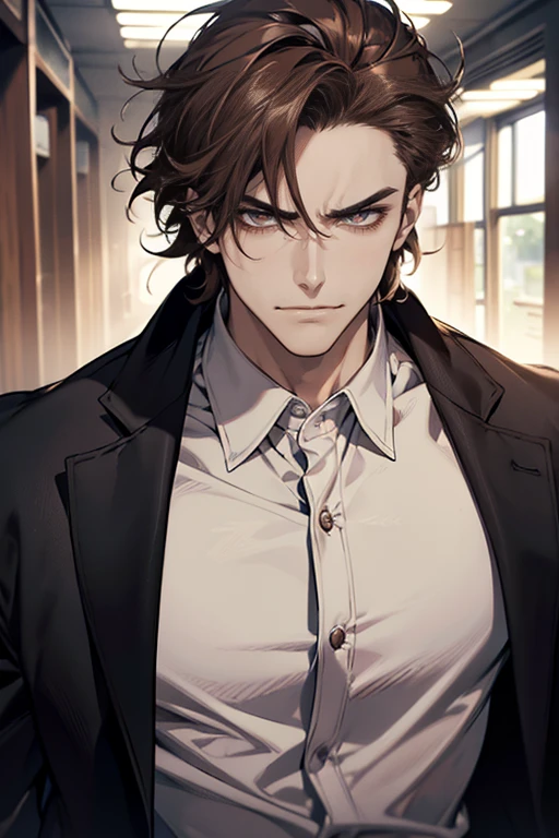 (tmasterpiece, high resolution, ultra - detailed:1.0), (1 male, masculine face), Perfect male body, tall and strong, Adult male, Delicate eyes and delicate face, Extremely detailed CG, Unity 8k wallpaper, Complicated details, Detailed face, (brown hair, messy hair, serious faces, white shirts,Bad students), (frown,evil smile:1.3), stad in school corridor, street style, color difference, Depth of field, dramatic shadow, Ray tracing, Best quality, Cinematic lighting, offcial art,Portrait