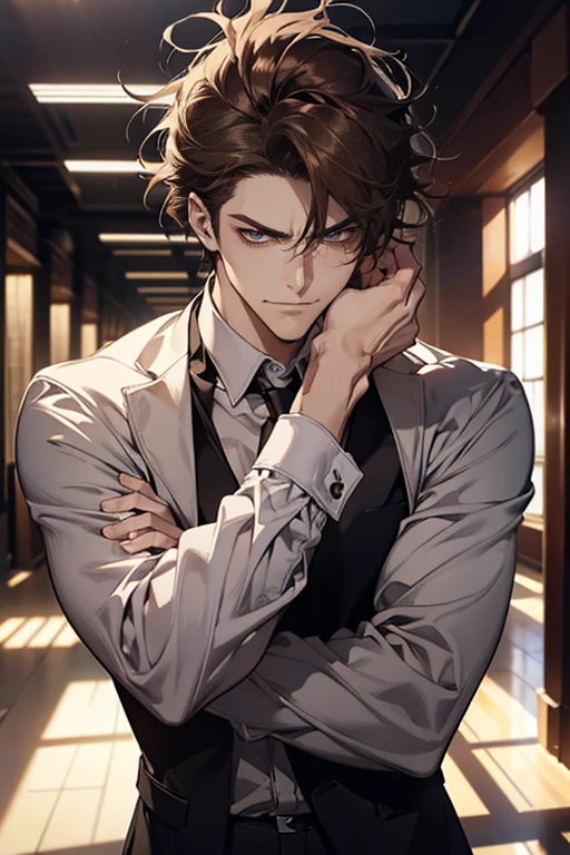 (tmasterpiece, high resolution, ultra - detailed:1.0), (1 male, masculine face), Perfect male body, tall and strong, Adult male, Delicate eyes and delicate face, Extremely detailed CG, Unity 8k wallpaper, Complicated details, Detailed face, (brown hair, messy hair, serious faces, white shirts,Bad students), (frown,evil smile:1.3), stad in school corridor, street style, color difference, Depth of field, dramatic shadow, Ray tracing, Best quality, Cinematic lighting, offcial art,Portrait
