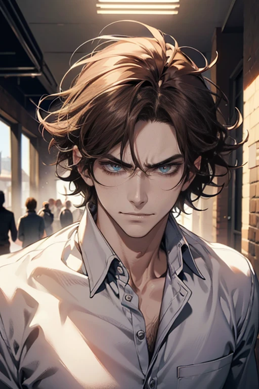 (tmasterpiece, high resolution, ultra - detailed:1.0), (1 male, masculine face), Perfect male body, tall and strong, Adult male, Delicate eyes and delicate face, Extremely detailed CG, Unity 8k wallpaper, Complicated details, Detailed face, (brown hair, messy hair, serious faces, white shirts,Bad students), (frown,evil smile:1.3), stad in school corridor, street style, color difference, Depth of field, dramatic shadow, Ray tracing, Best quality, Cinematic lighting, offcial art,Portrait