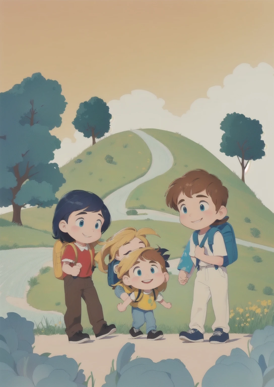There is a cartoon,The painting shows a family and a backpack, Children's Book Illustrations, Children's Book Illustrations, Children's Book Illustrations, Children's Book Illustrations, Children's Book Illustrations, colorful Children's Book Illustrations, Children's Book Illustrations, Children's illustrations, Children's illustrations, Storybook illustration, children illustration, Children's illustrations, Children's book cover, Full-page illustrations