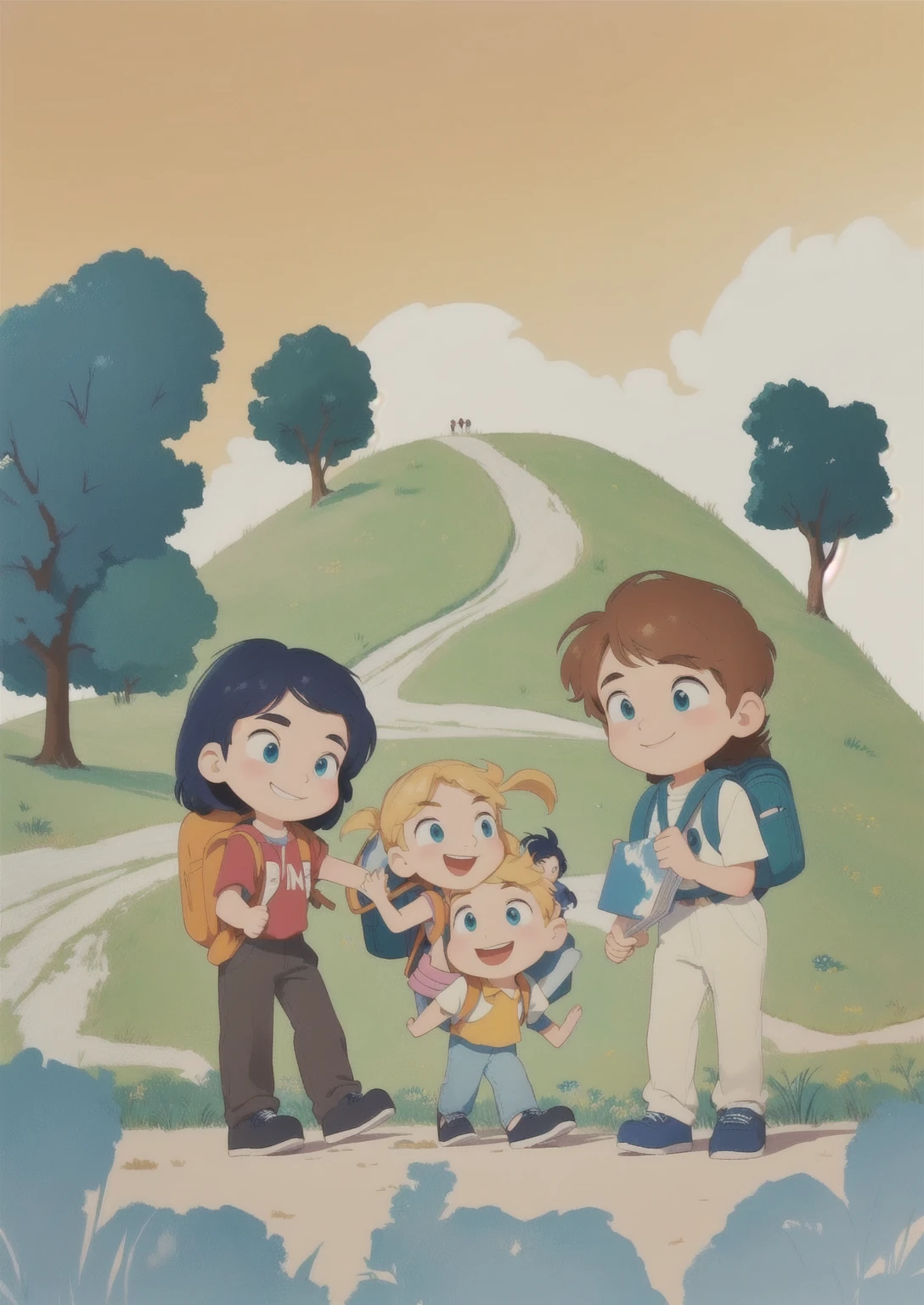 There is a cartoon,The painting shows a family and a backpack, Children's Book Illustrations, Children's Book Illustrations, Children's Book Illustrations, Children's Book Illustrations, Children's Book Illustrations, colorful Children's Book Illustrations, Children's Book Illustrations, Children's illustrations, Children's illustrations, Storybook illustration, children illustration, Children's illustrations, Children's book cover, Full-page illustrations