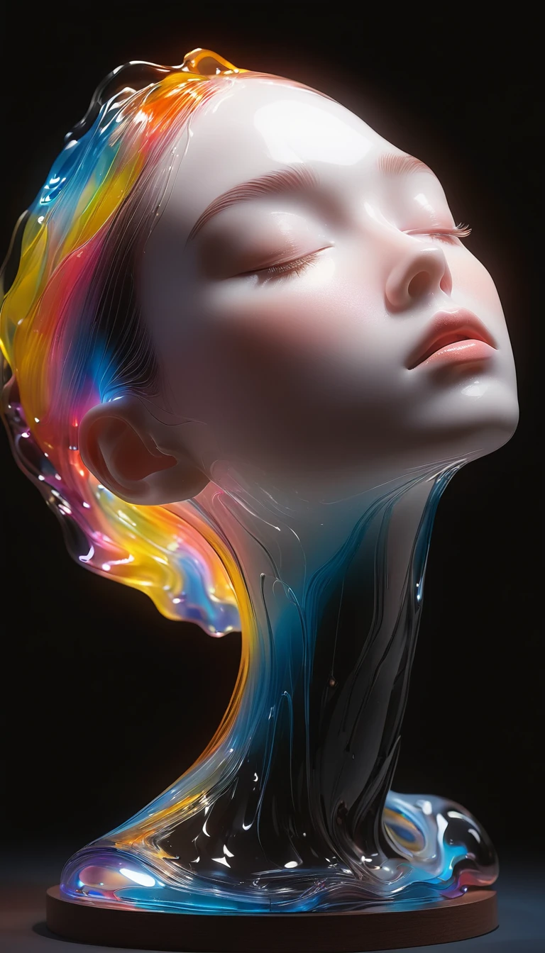 a beautiful girl, 1 colorful glass transparent 3D sculpture, melting base, glowing face circuits, simple, minimalist, soft delicate colors, dark background, glowing