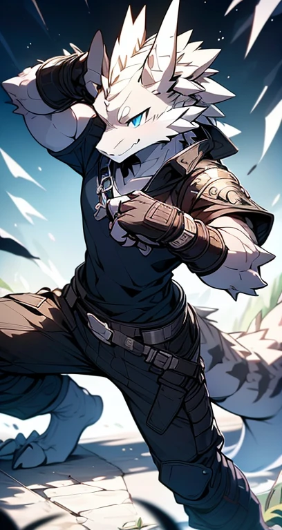 Masterpiece, Cool Pose, Furry Gray Dragon, Medium Strong Body, Blue Eyes, Grey Medium Hair, Combat Black Shirt, Combat Gloves, Combat Pants, Fierce, Good looking