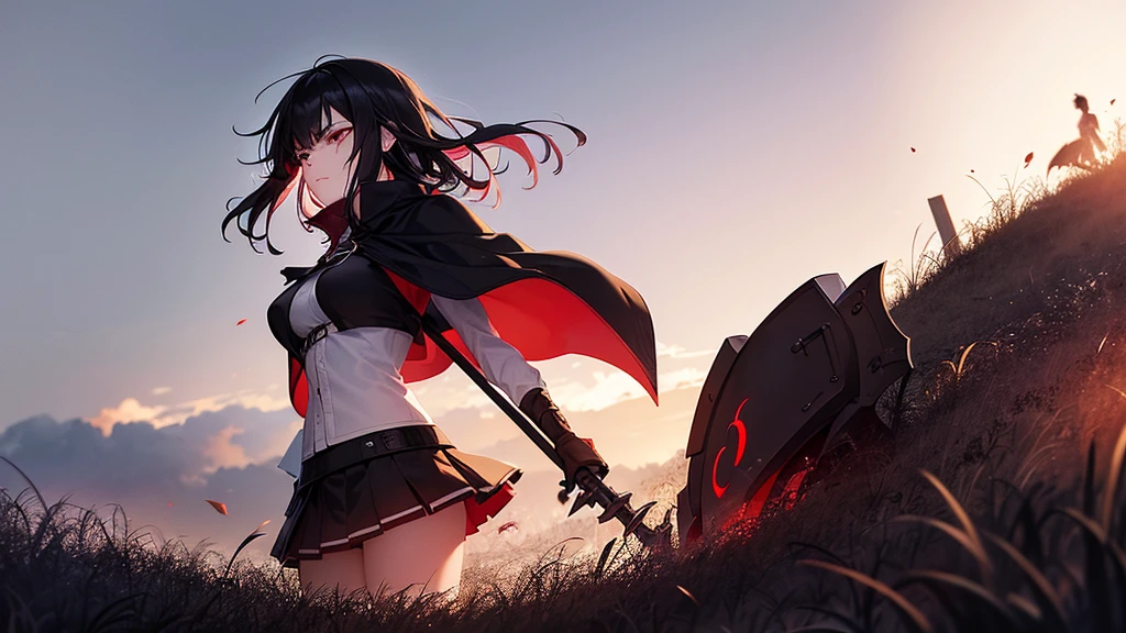 a female with medium black hair a medium battle skirt with red edges a red cape running up a grassy hill with dead bodies carrying a mechanical grim reaper scythe with a worried expression teary eyes with a battle going on behind her in anime style