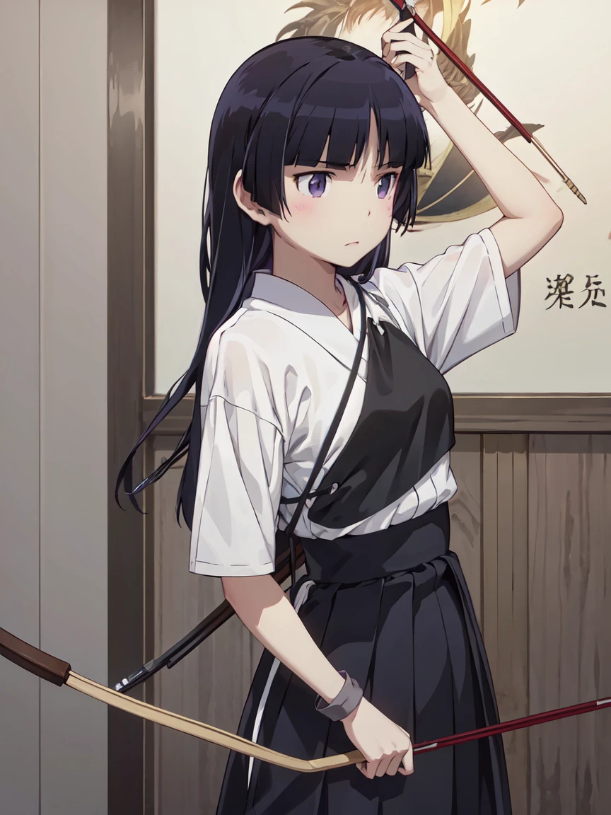 (ruri gokou), (Ultra-high resolution), (masterpiece), (Attention to detail), (high quality), (最high quality) , 1 girl, alone, girl, Hime cut, long hair, skirt, black hair, gloves, holding, yellow eyes, weapon, japanese clothes, holding weapon, outstretched arm, hakama, hakama skirt, long skirt, single glove, bow \(weapon\), partially fingerless gloves, arrow \(projectile\), muneate, holding bow \(weapon\), aiming, yugake, holding arrow, (drawing bow:1.1), archery, kyuudou, Kyudogi, muneate, tabi socks, field, Japanese Dojo,