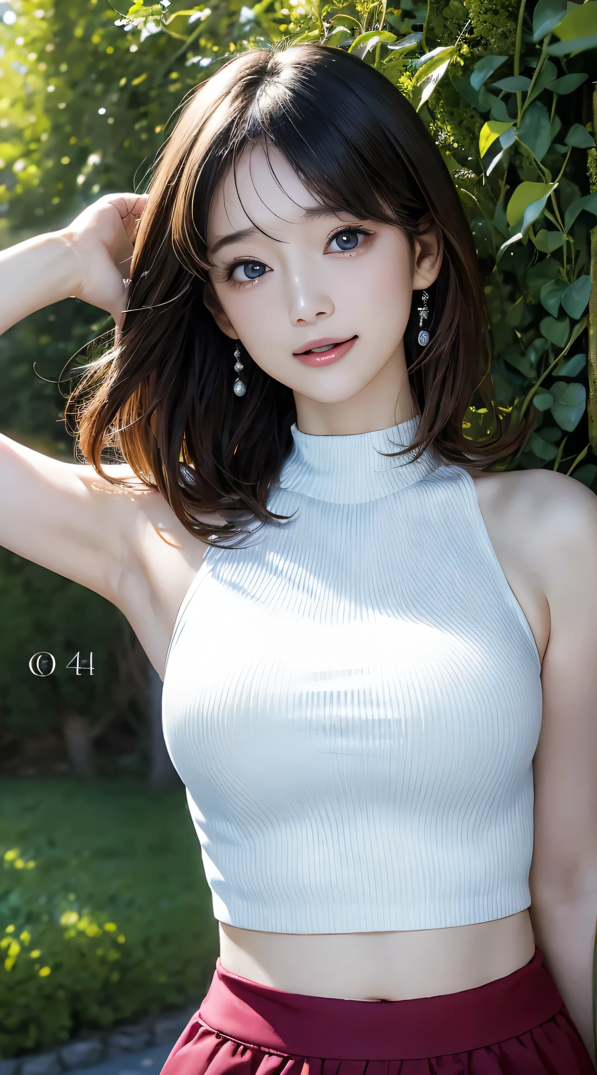 masutepiece, Best Quality, Photorealsitic, finely detail, hight resolution, 8K Wallpapers, Perfect dynamic composition, Beautiful detailed eyes, large full breasts, Random and sexy poses,Bring your chest together、(Very Small Size Mock Neck Crop Tank Top White Knitwear)、(Breast bulge 1.2)、A smile、open open mouth、Resort scenery、20years old、(Drooping eyes 1.4)、Adult beauty、japanese