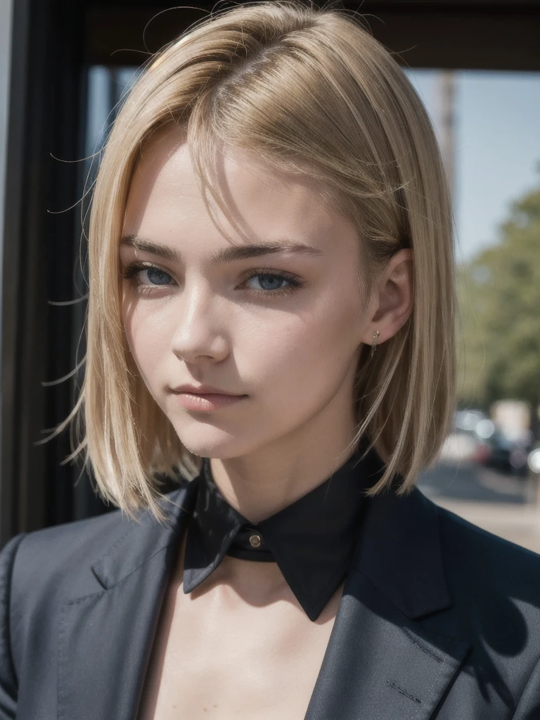 portrait of european girl,solo,20yo,beautiful face,uppser body,hair over one eye,medium sidecut, blonde hair, sharp focus,black business suit