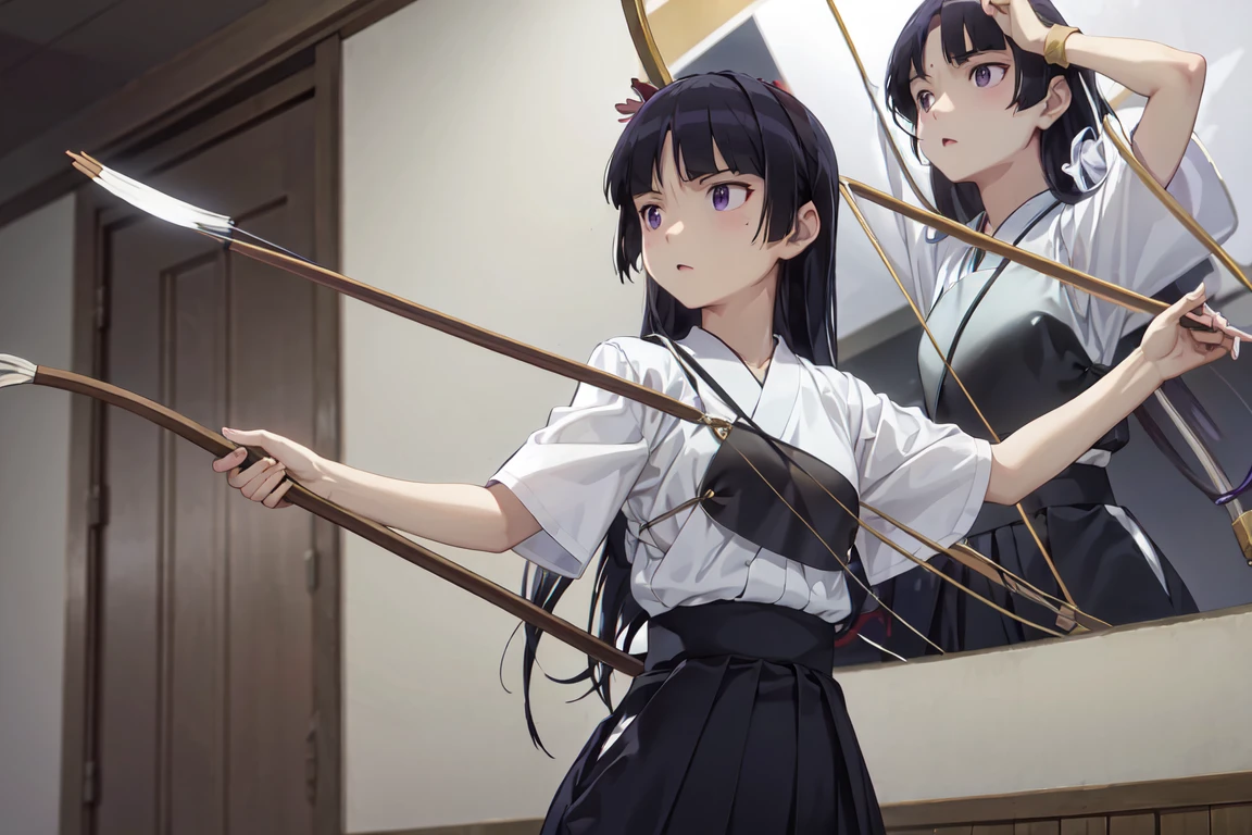 (ruri gokou), (Ultra-high resolution), (masterpiece), (Attention to detail), (high quality), (最high quality) , 1 girl, alone, girl, Hime cut, long hair, skirt, black hair, gloves, holding, yellow eyes, weapon, japanese clothes, holding weapon, outstretched arm, hakama, hakama skirt, long skirt, single glove, bow \(weapon\), partially fingerless gloves, arrow \(projectile\), muneate, holding bow \(weapon\), aiming, yugake, holding arrow, (drawing bow:1.1), archery, kyuudou, Kyudogi, muneate, tabi socks, field, Japanese Dojo,