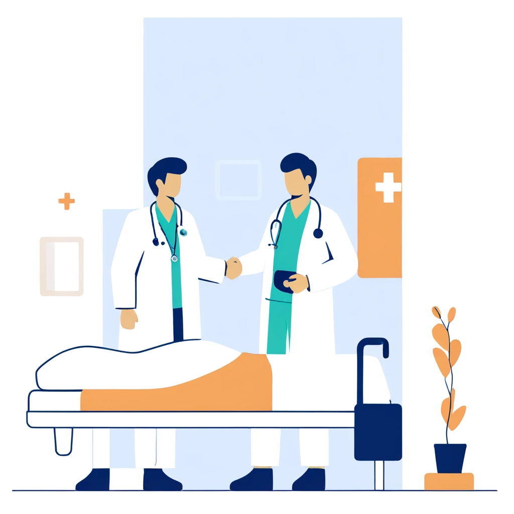 a man in a white coat is standing next to a woman in a Hospital bed, medical doctor, Flat illustration, Hospital background, in Hospital bed, doctor, Hospital room, medical background, Nursing, health care worker, Medical imaging, digital Medical equipment, colorful Medical equipment, Medical equipment, medical illustration, health care, Clean medical environment, Medical drawing, Hospital, Hospital ward