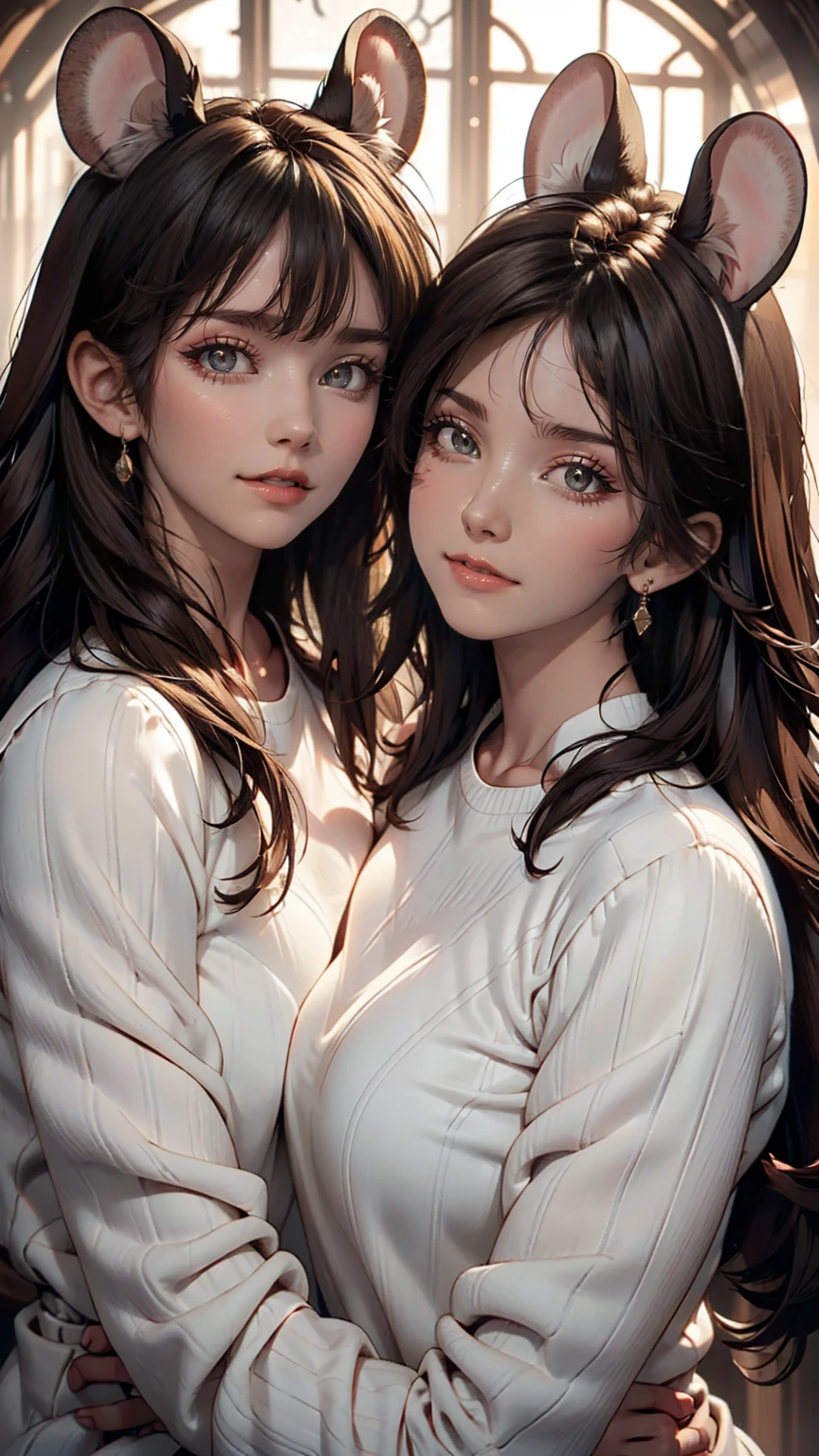 twins, Mouse Girls, Short fluffy white hair, Big round mouse ears, White sweater, Hand in hand, ((Dark brown eyes)), Couple, beautiful, Glossy Lips, Fine grain