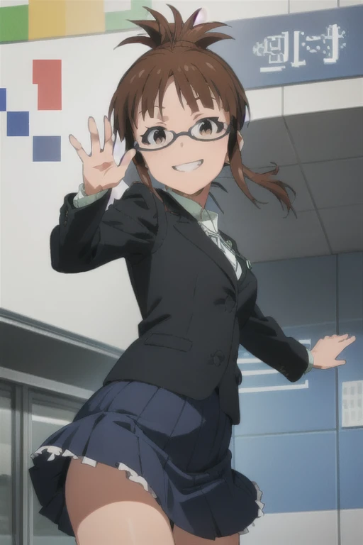 (((pixel-perfect, detail-perfect))), solo, 1girl, ritsuko akizuki, grin, looking at viewer, smile, jacket blue, tie black, skirt black