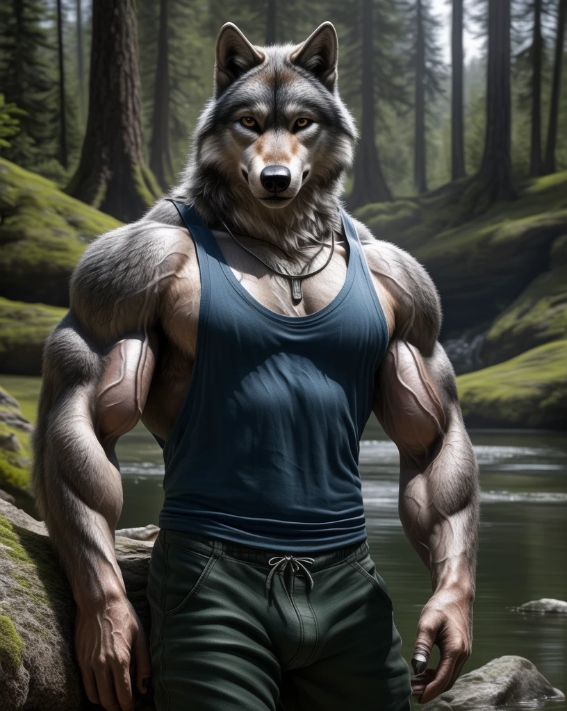 anthro, wolf, male, seductive pose, adult, veiny muscles, muscular, tank top, pants, necklace, realistic fur, detailed background, wilderness background, hyper realism, RAW photo, (realism, photorealistic:1.3), detailed, hi res,