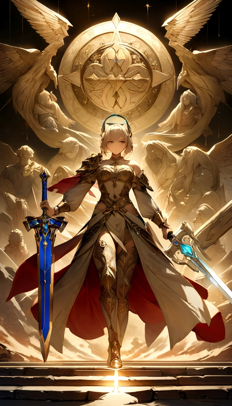 (best quality,4K,8K,high resolution,masterpiece:1.2),Extremely detailed,Practical,Sword of the Master,Legendary weapons,exquisite craft,Detailed handle,Sharp blade,Proper proportions,Beautifully textured,Excalibur,Iconic symbols,Hero's Weapon,Forged by the Gods,Sword of Destiny,Magic Blade,Shining blue halo,Legendary Battles,Ultimate Power Weapon,Destined to defeat,Video Game Weapons,The Chosen Sword,Exquisite design,Complex carving,Powerful Artifact,Epic Hero's Journey,Impeccable quality craftsmanship,Eye-catching and elegant,The core of the artwork,Shining with divine energy,Sharp enough to cut through anything,Radiant intensity and power,Fit for a true hero,Paying tribute to games in an artistic way,The hero's signature weapon,Original metal products,Extreme attention to detail,The hilt of the sword is inlaid with colorful gems,Legendary inheritance,unbreakable:Focus on the reflections and highlights of the blade,Create a sense of awe,Showcase iconic swords in dynamic poses and perspectives,展现Sword of the Master的神话精髓和力量.