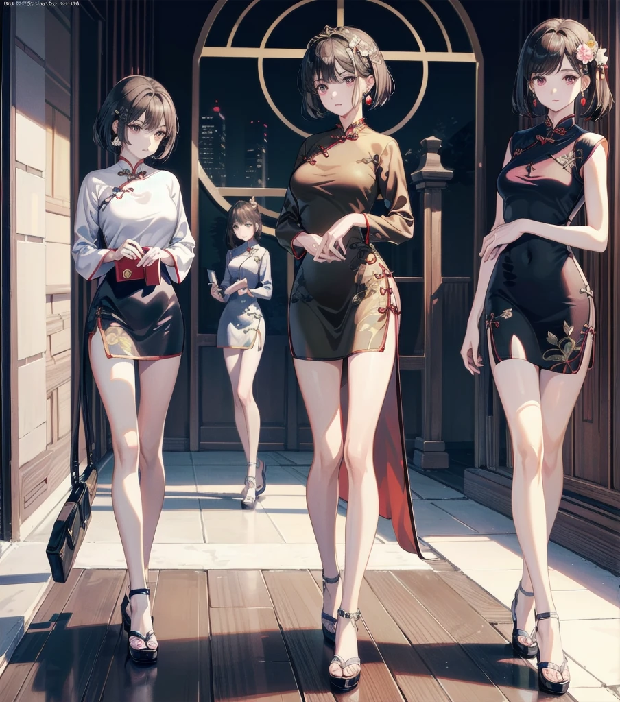 absurdres, RAW photo, extremely delicate and beautiful, masterpiece, Best Quality, ultra high resolution, 32k, hyperrealistic, ultra-detailed, Very detailed CG 8k wallpaper, Beautiful Lighting, Perfect Lightning, Realistic Shadows, perfect anatomy, super Detailed skin, perfect figure, Japanese woman, late 20s, very Slim body, narrow waist, very small head, handsome detailed woman, very detailed eyes and face, realistic face proportions, Stunning detailed eyes, Realistic beautiful face, very small face, Realistic small beautiful eyes, tearful mole, earring, beautiful and very thin legs, beautiful and very thin thighs, very huge round breasts, medium hair, black hair, full body shot, (3girls:1.5), (cheongsam:1.5),