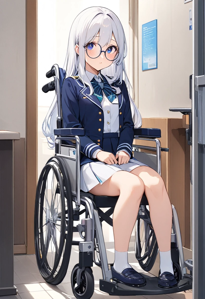 girl（Round Glasses、uniform（Navy Blue、Short skirt）、wheelchair、White long hair、School