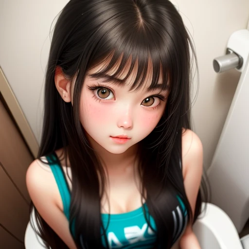 Sitting on closet in toilet. Girl with sexy body. Sexy vibes. Point of view from top.
18-year-old girl, Detailed face, Detailed eyes, double eyelid, cute, hot-seductive-sexy-beautiful-girl with messy long-black-hair and blushing face. Intimate vibes.