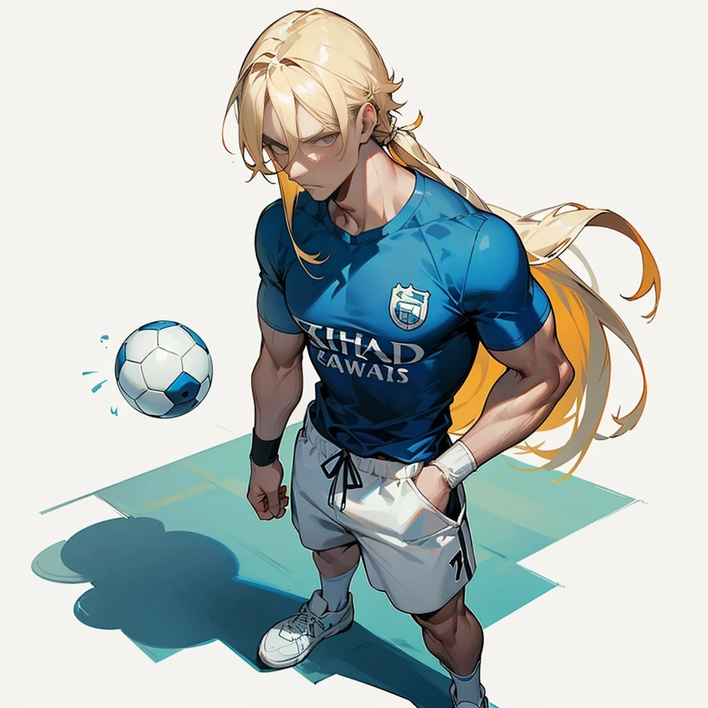 Random evolution, (1man), (full body version), tall man, muscle, Masculine, (his face scowls), albino skins, sport, football player, 1ball, (Blonde colored hair, Long Straight hairstyle, narrow eyes, hazel eyes), Manchester City blue t-shirt, White shorts, white socks, Grassroots, There's a ball 