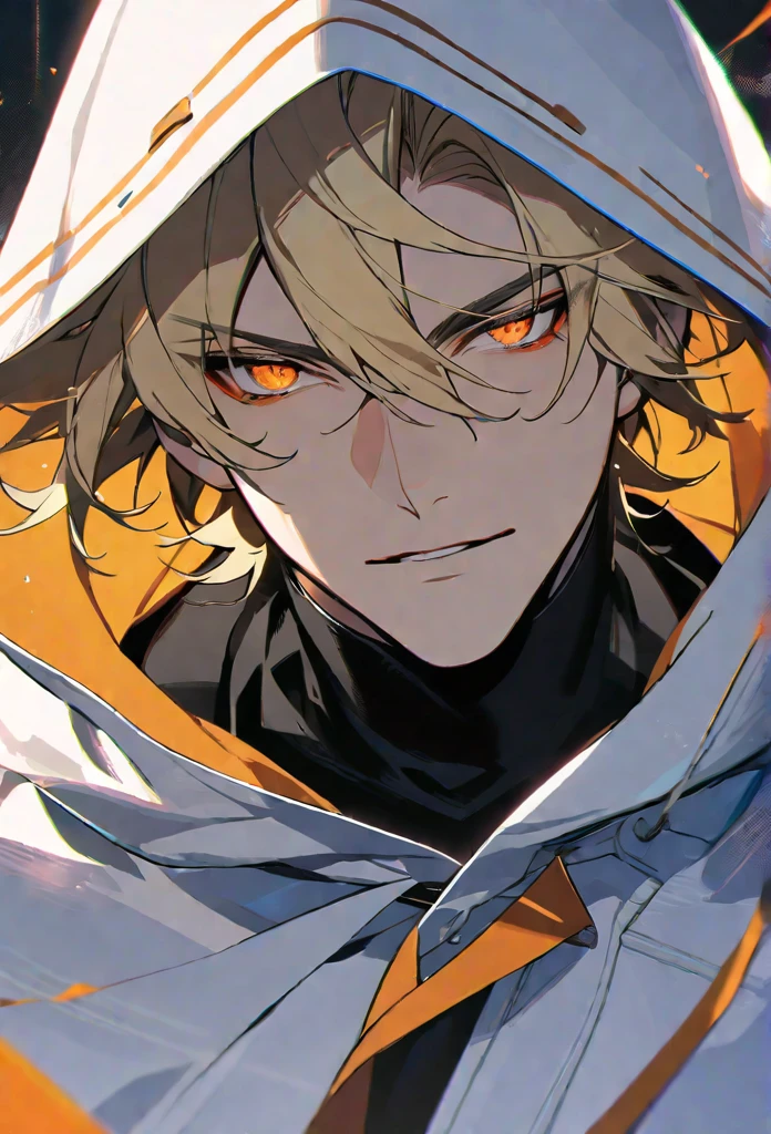 solo, handsome, 1 male, black shirt, white hooded cloak, , blonde hair, orange eyes, black threads, black light