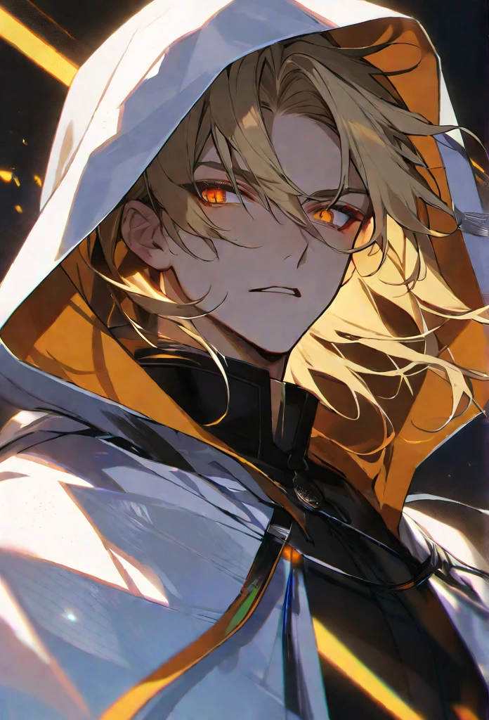 solo, handsome, 1 male, black shirt, white hooded cloak, , blonde hair, orange eyes, black threads, black light
