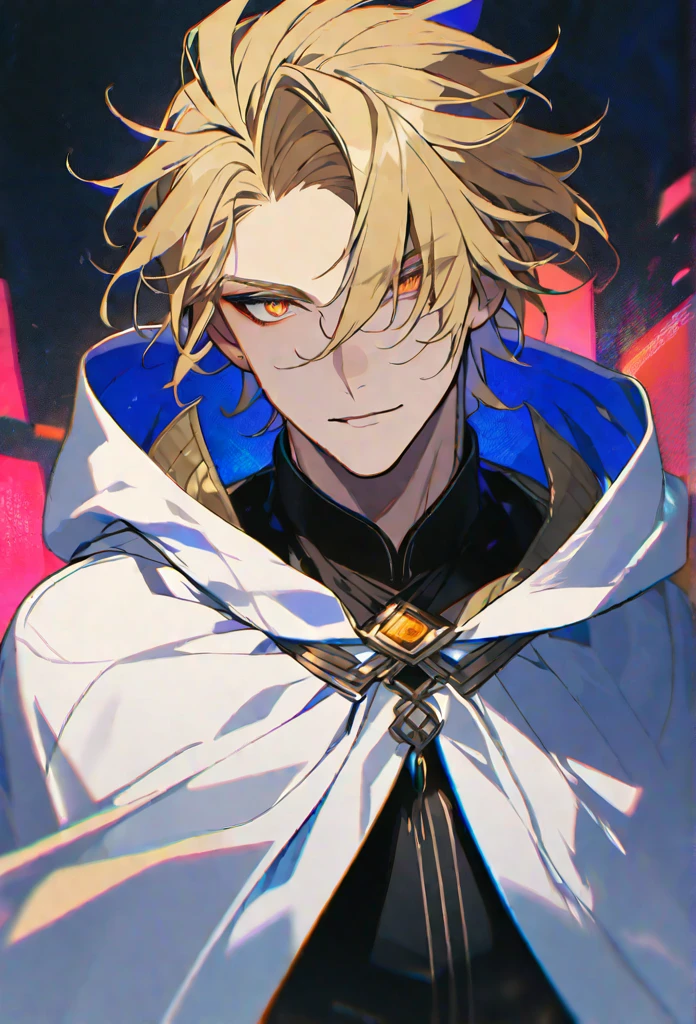 solo, handsome, 1 male, black shirt, white hooded cloak, , blonde hair, orange eyes, black threads, black light