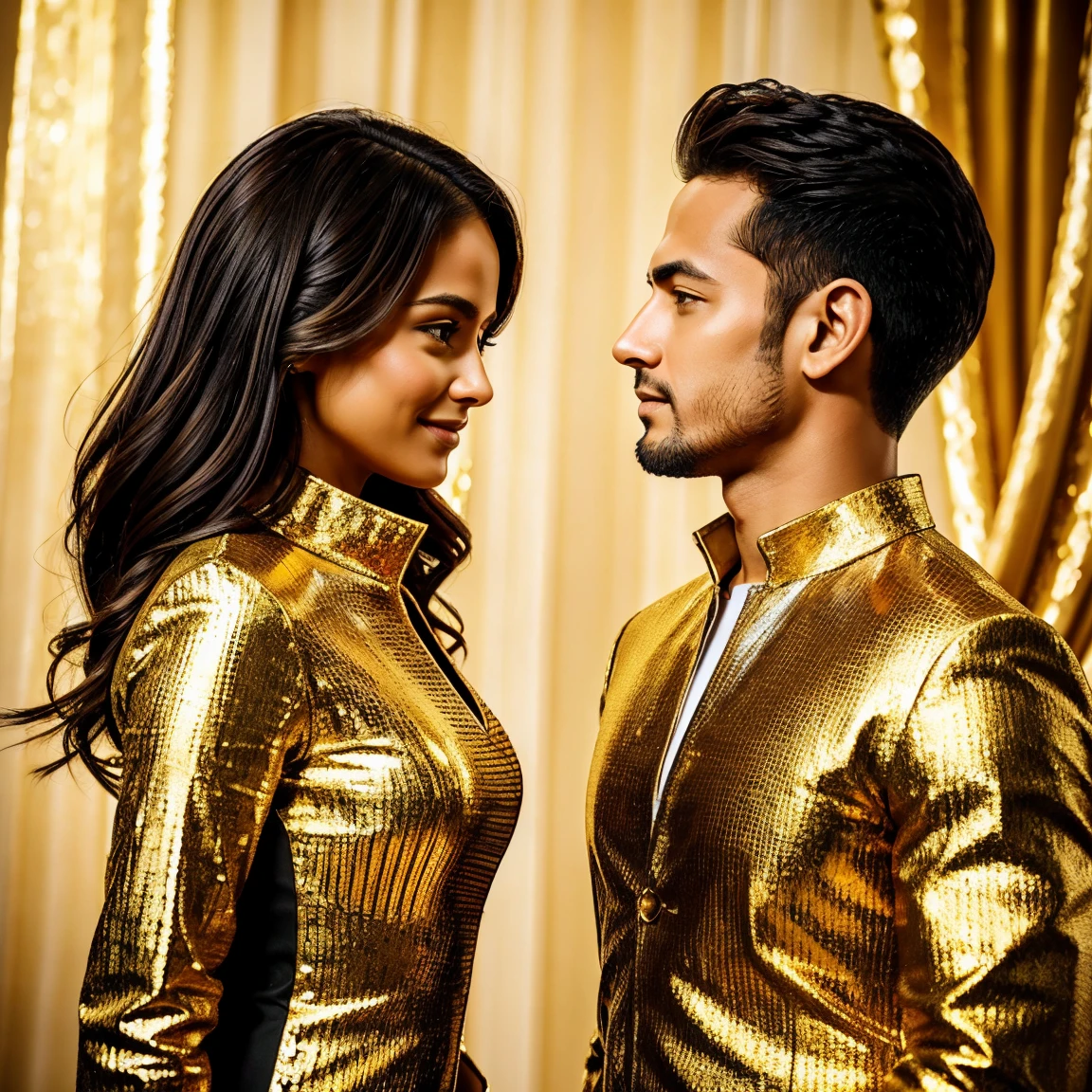 " BEAUTIFUL FACES OF A COUPLE,CARVED WITH GOLDEN THREADS, BOTTOMLESS INTERMIXED, ONLY THE CARVING OF THE MAN AND WOMAN FIGURES, LOOKING AT EACH OTHER'S FACE TO GIVE EACH OTHER A KISS, THEY DIE LOVINGLY WITHOUT TOUCHING THEIR LAVIAS, HE HAS THE WOMAN'S FACE BETWEEN HIS HANDS .YouCam Enhance 3D, hyper photorealistic 300dpi 8K hiperdetallado , photorealistic, ultrarealistic, holographic, dynamic lighting, 32k, 18k, high quality digital graphics, HD, HDR, UHD